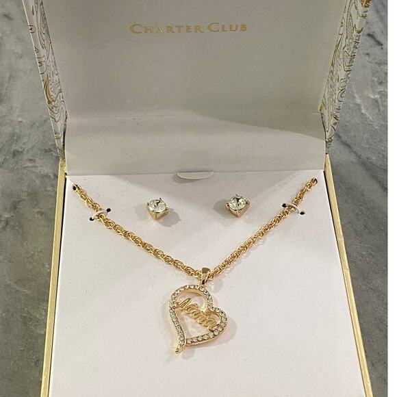 Charter Club Gold-Tone Crystal Nana Heart Pendant Necklace & Stud Earrings Set - Picture 4 of 7